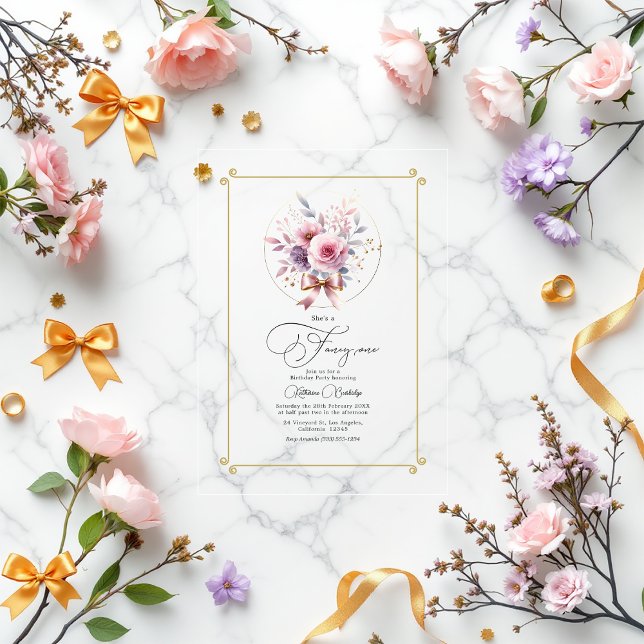 Elegant Floral Bow "Fancy One" First Birthday Acrylic Invitations (Elegant Floral Bow "Fancy One" First Birthday Acrylic Invitation)