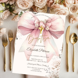 Elegant Floral Bow Gold Cross Roses Cream Baptism Invitation