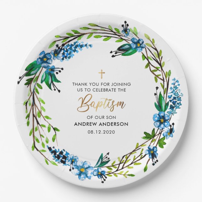 Elegant Floral Boy Baptism Paper Plates (Front)