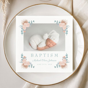 Elegant Floral Boy Baptism Photo Napkins