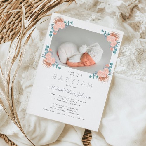 Elegant Floral Boy Photo Baptism  Foil Invitation