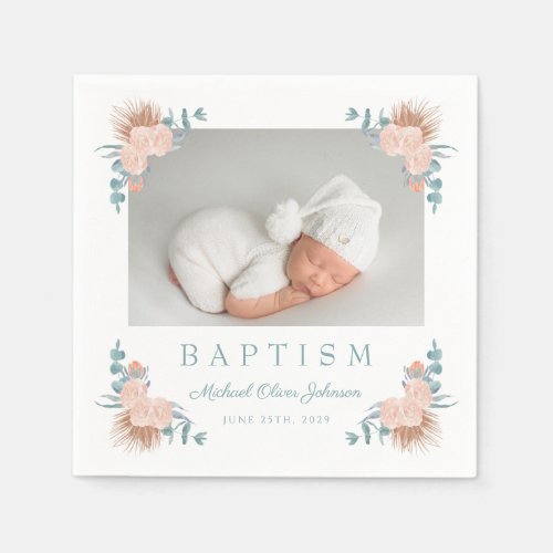 Elegant Floral Boy Photo Baptism Napkins