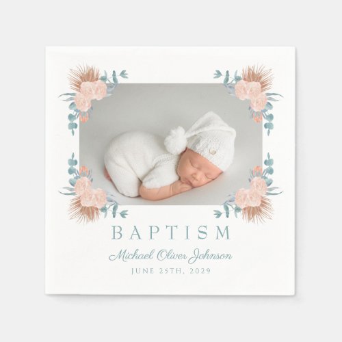 Elegant Floral Boy Photo Baptism Napkins