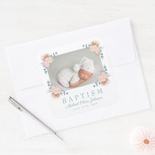 Elegant Floral Boy Photo Baptism Square Sticker (Envelope)
