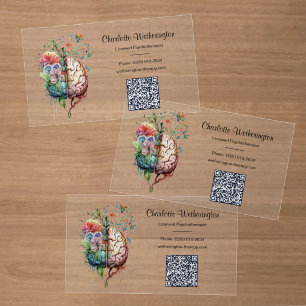 Elegant Floral Brain Psychotherapist Psychologist Clear Business Cards