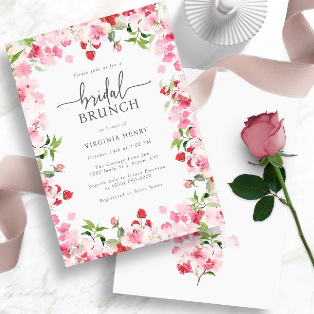 Elegant Floral Bridal Brunch Invitation (Elegant Red and Pink Bridal Brunch Invitation - Watercolor Red and Pink Floral)