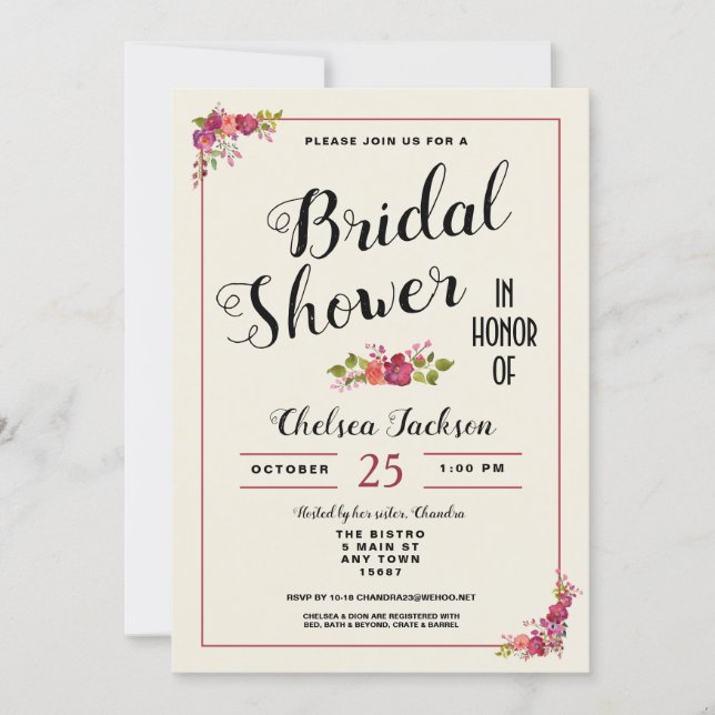 Elegant Floral Bridal Shower Cream Invitation (Front)