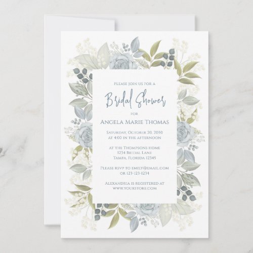 Elegant Floral Bridal Shower Dusty Blue Roses Invitation