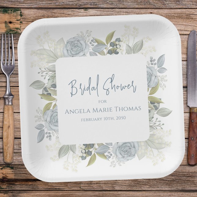 Elegant Floral Bridal Shower Dusty Blue Roses Paper Plates (Bridal Shower paper plate with elegant blue floral roses, greenery, foliage, and leaves)