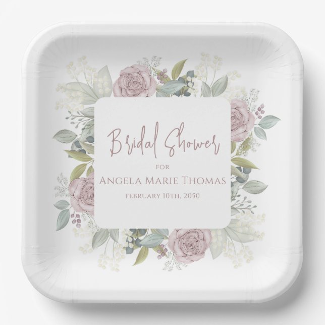 Elegant Floral Bridal Shower Dusty Rose Custom Paper Plates (Front)