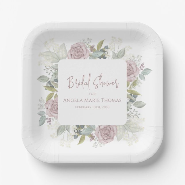 Elegant Floral Bridal Shower Dusty Rose  Paper Plates (Front)