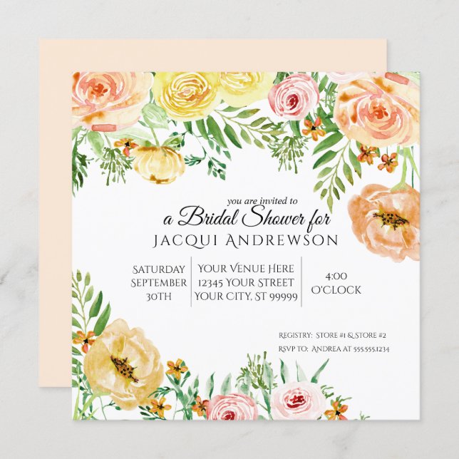 Elegant Floral Bridal Shower Peach Orange Roses Invitation (Front/Back)