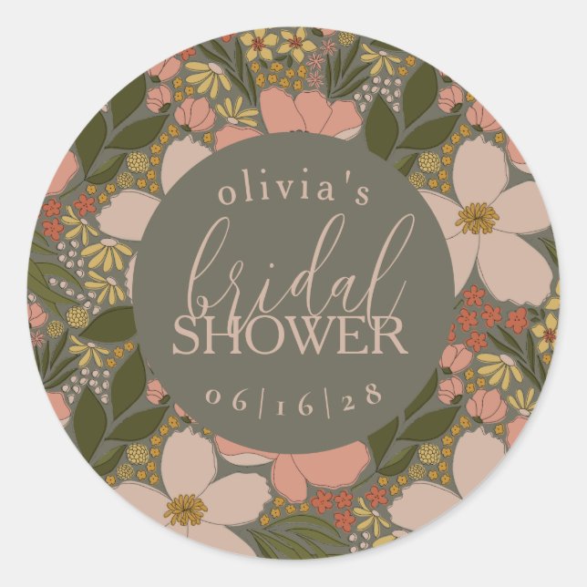 Elegant Floral Bridal Shower Personalized Classic Round Sticker (Front)