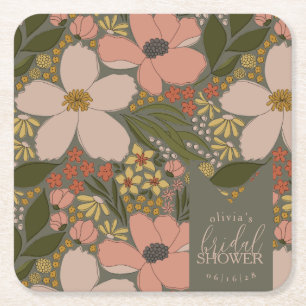 Elegant Floral Bridal Shower Personalized Square Paper Coaster