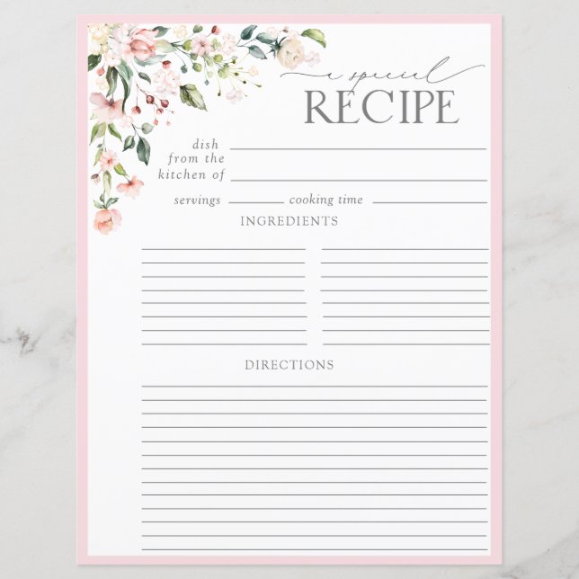 Elegant Floral Bridal Shower Recipe Binder Page (Front)