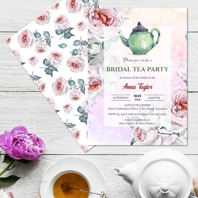 Elegant Floral Bridal Tea Party Invitation (Elegant floral bridal tea party invitation front and back view.)