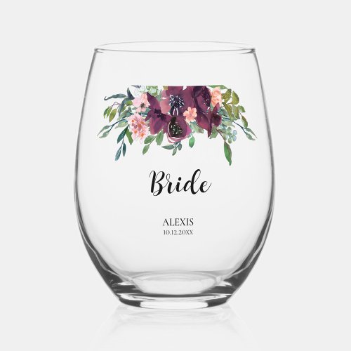 Elegant Floral Bride Bridal Party Stemless Wine Glass