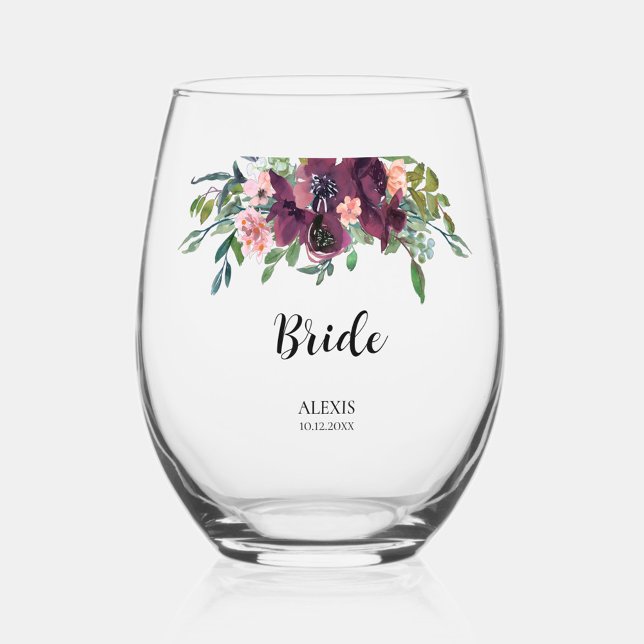 Elegant Floral Bride Bridal Party Stemless Wine Glass (These beautiful floral wine glasses are a practical gift that she can use even after her wedding day)