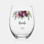 Elegant Floral Bride Bridal Party Stemless Wine Glass<br><div class="desc">Looking for a fun, trendy yet elegant gift for the bride? These beautiful floral wine glasses are a practical gift that she can use even after her wedding day! Florals pictured in dark red burgundy and blush pink with added greenery. All text, including title, date and names, can be changed....</div>