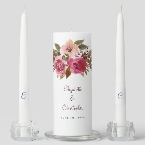 Elegant Floral Bride  Groom Wedding Date Classic Unity Candle Set