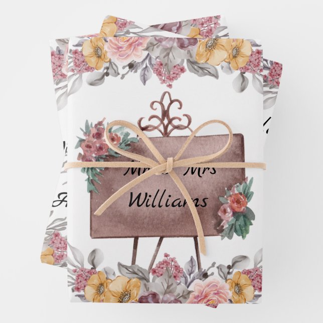 Elegant Floral Bride & Groom Wedding Wrapping Paper Sheets (In situ)