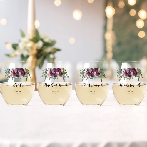 Elegant Floral Bridesmaid Bridal Party Stemless Wine Glass