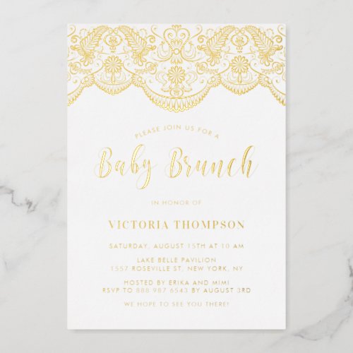 Elegant Floral Brocade Lace Baby Brunch Foil Invitation