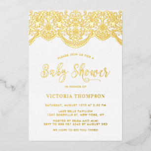 Elegant Floral Brocade Lace Baby Shower Foil Invitation