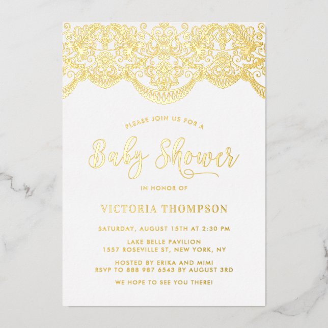 Elegant Floral Brocade Lace Baby Shower Foil Invitation (Front)