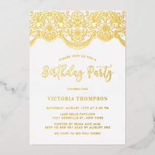 Elegant Floral Brocade Lace Birthday Party Foil Invitation