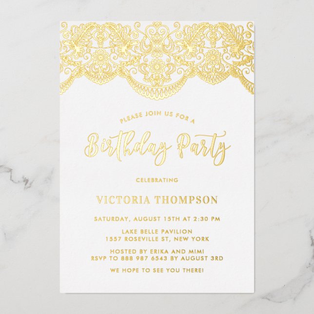 Elegant Floral Brocade Lace Birthday Party Foil Invitation (Front)