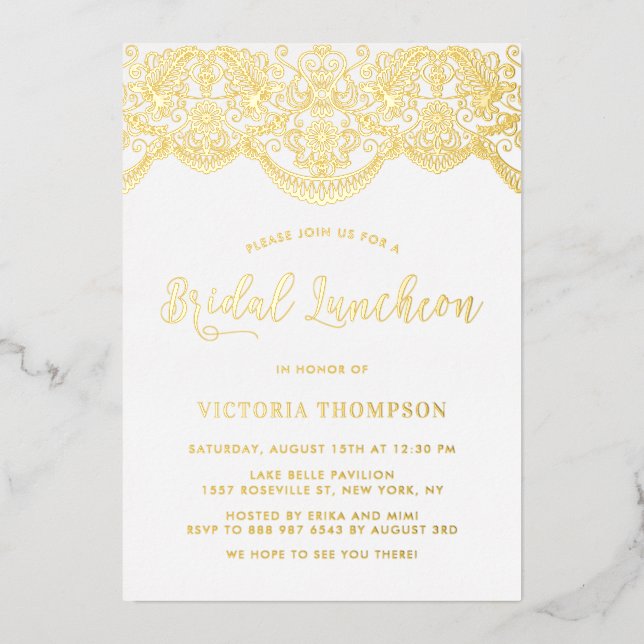 Elegant Floral Brocade Lace Bridal Luncheon Foil Invitation (Front)