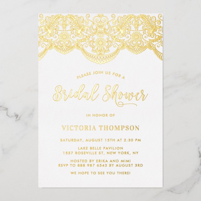 Elegant Floral Brocade Lace Bridal Shower Foil Invitation (Front)