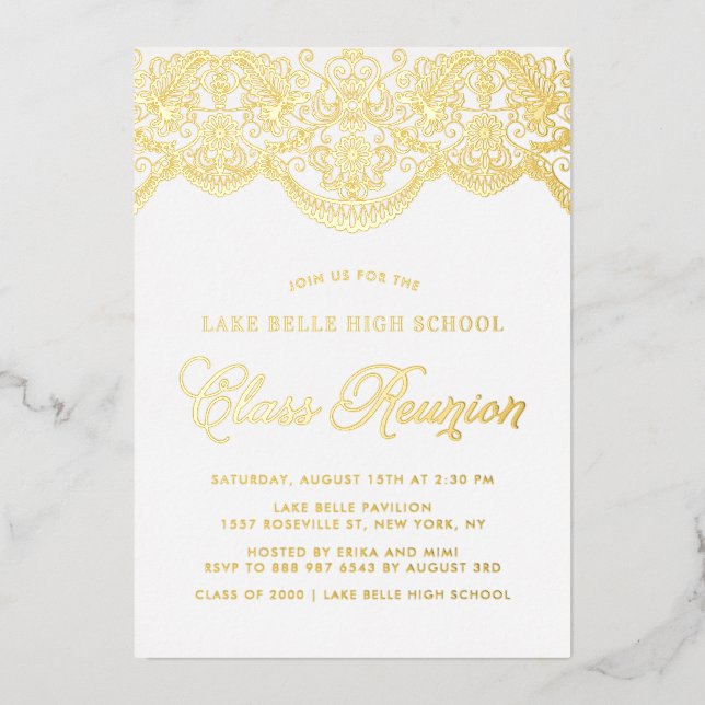 Elegant Floral Brocade Lace Class Reunion Foil Invitation (Front)