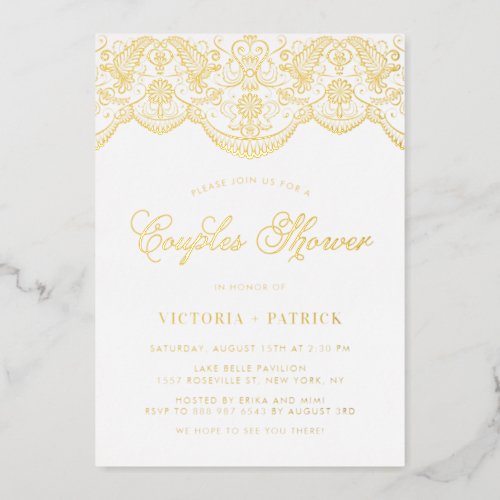 Elegant Floral Brocade Lace Couples Shower Foil Invitation