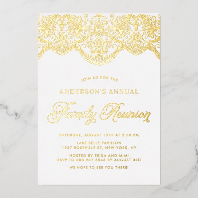 Elegant Floral Brocade Lace Family Reunion Foil Invitation (Front)