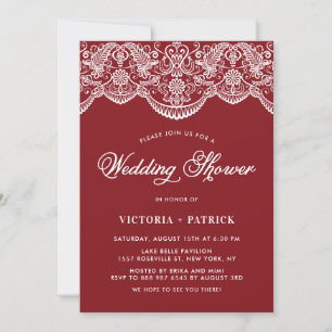 Elegant Floral Brocade Lace Red Wedding Shower Invitation