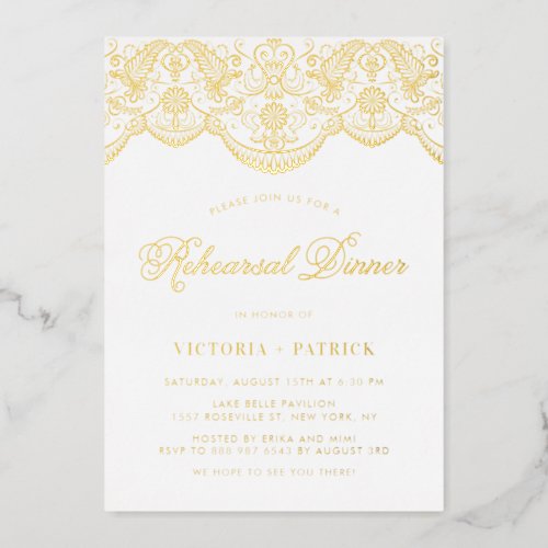 Elegant Floral Brocade Lace Rehearsal Dinner Foil Invitation