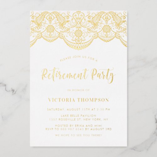 Elegant Floral Brocade Lace Retirement Party Foil Invitation