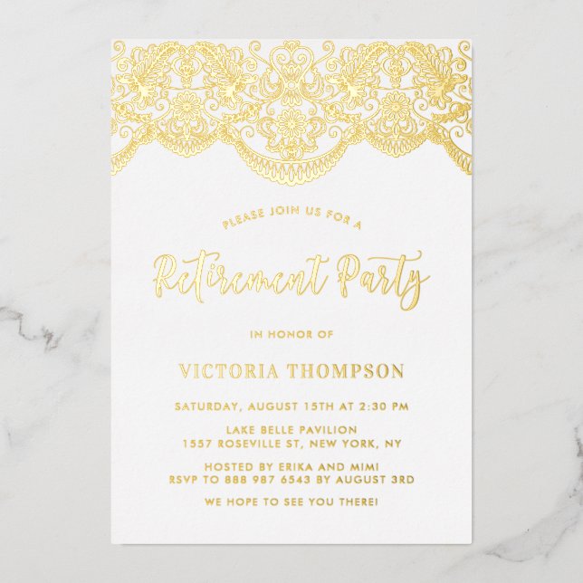 Elegant Floral Brocade Lace Retirement Party Foil Invitation (Front)