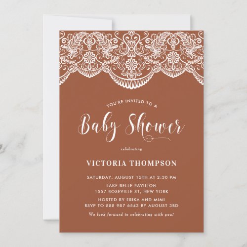 Elegant Floral Brocade Lace Terracotta Baby Shower Invitation