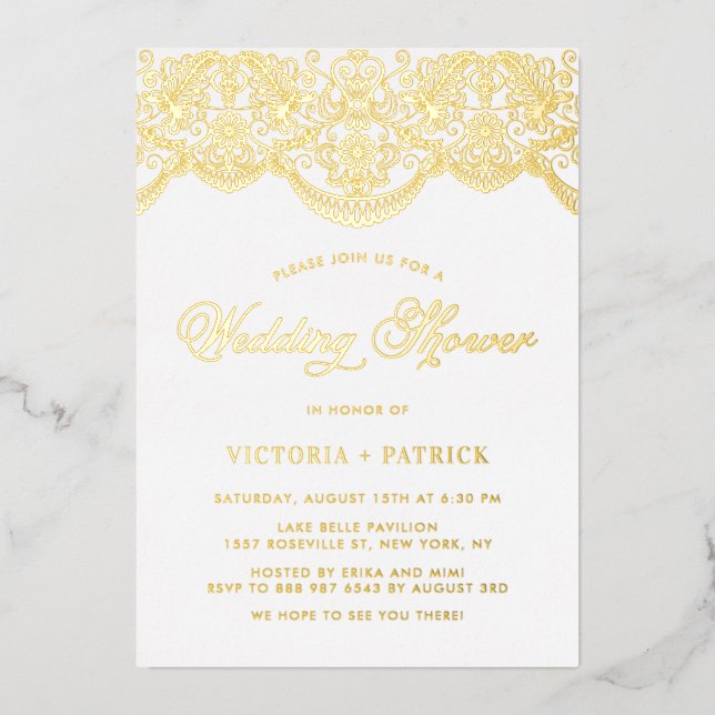 Elegant Floral Brocade Lace Wedding Shower Foil Invitation (Front)