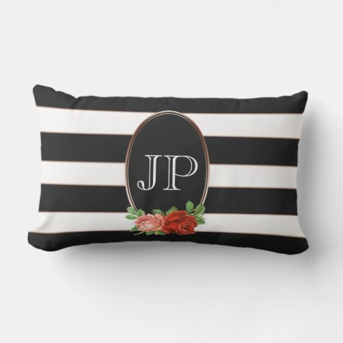 Elegant Floral Bronze Black White Striped Monogram Lumbar Pillow