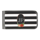 Elegant Floral Bronze Black White Striped Monogram