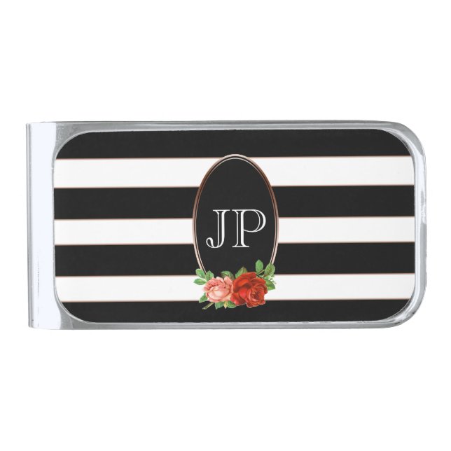 Elegant Floral Bronze Black White Striped Monogram Silver Finish Money Clip (Front)