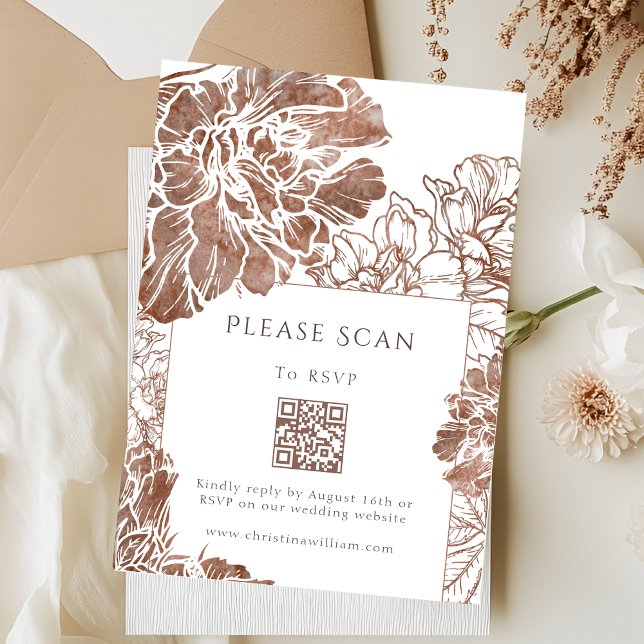 Elegant Floral Brown Wedding QR code RSVP Card (Creator Uploaded)