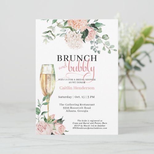 Elegant Floral Brunch and Bubbly Bridal Shower Invitation