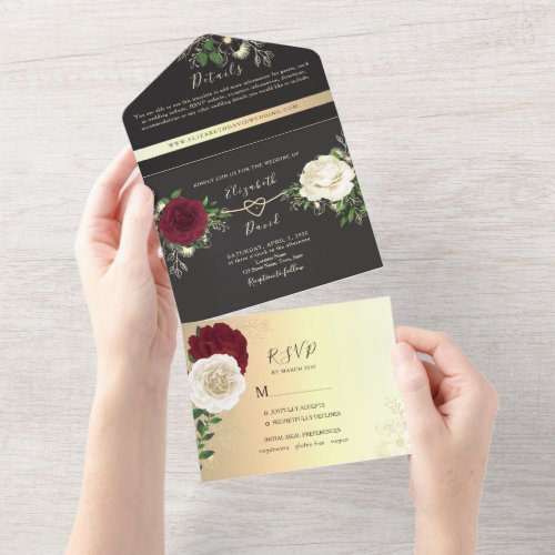 Elegant Floral Burgundy and Black Wedding All In One Invitation