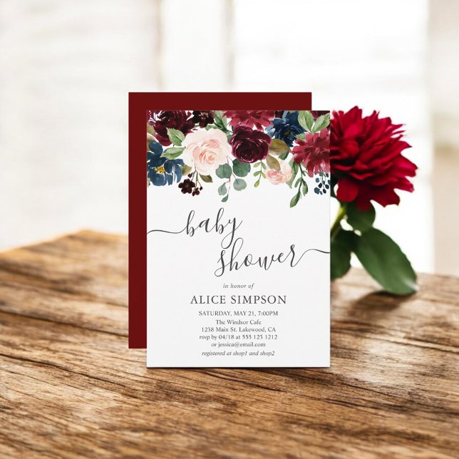 Elegant Floral Burgundy And Blue Baby Shower Invitation (Creator Uploaded)