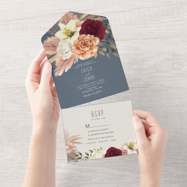Elegant Floral Burgundy and Dusty Blue Wedding All In One Invitation (Tearaway)